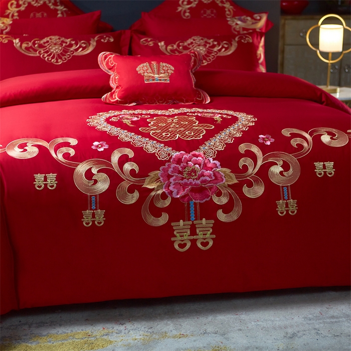 91家纺网 家纺一手货源 找家纺 布乐意 2025新款全棉长绒棉贡缎提花全工艺喷气重工新中式绣花大红婚庆四件套多件套直播吉祥如意