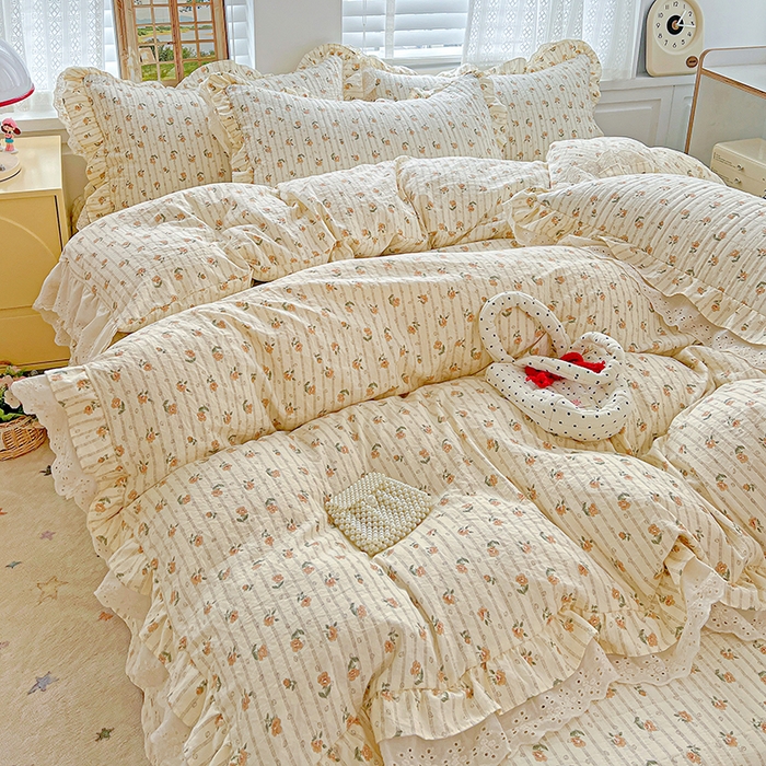 91家纺网 家纺一手货源 找家纺 梦莱斯 2025新款田园碎花纯棉花边四件套-床盖款 花开半夏