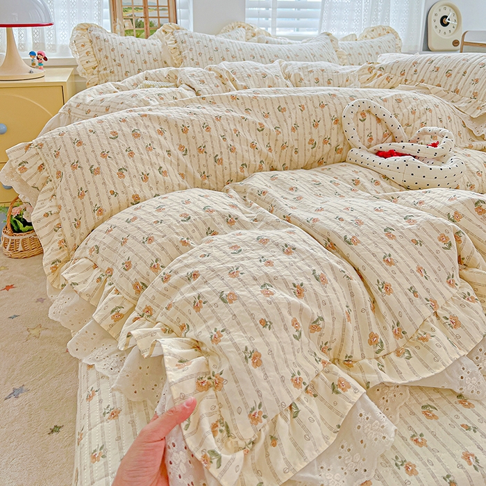 梦莱斯 2025新款田园碎花纯棉花边四件套-床盖款 花开半夏
