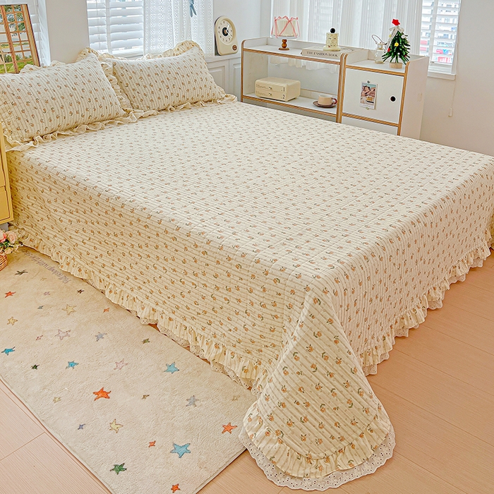 91家纺网 家纺一手货源 找家纺 梦莱斯 2025新款田园碎花纯棉花边四件套-床盖款 花开半夏