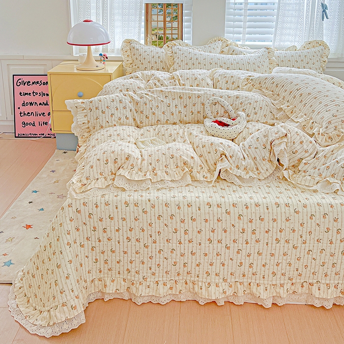 91家纺网 家纺一手货源 找家纺 梦莱斯 2025新款田园碎花纯棉花边四件套-床盖款 花开半夏