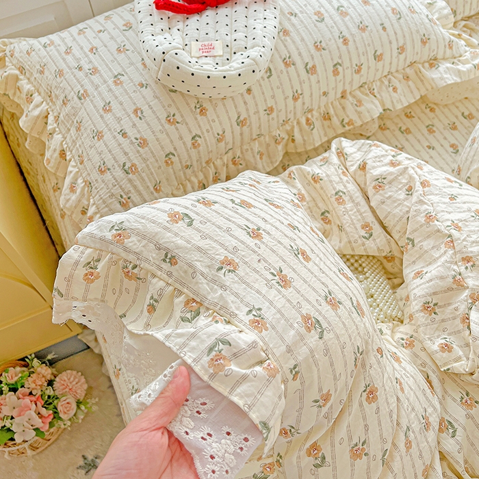 91家纺网 家纺一手货源 找家纺 梦莱斯 2025新款田园碎花纯棉花边四件套-床盖款 花开半夏
