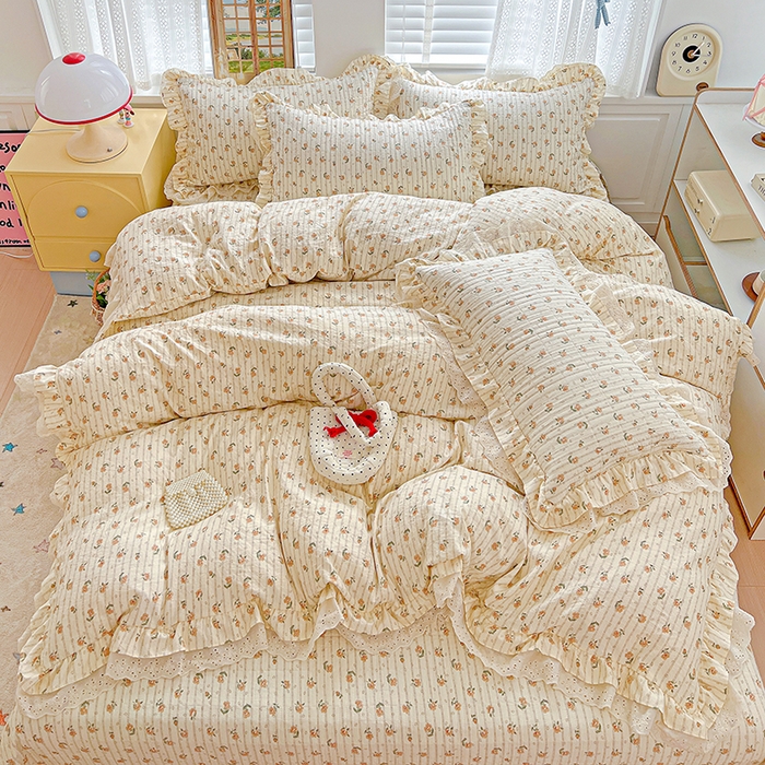 91家纺网 家纺一手货源 找家纺 梦莱斯 2025新款田园碎花纯棉花边四件套-床盖款 花开半夏