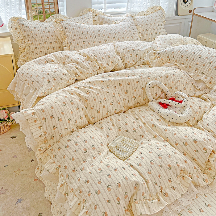 91家纺网 家纺一手货源 找家纺 梦莱斯 2025新款田园碎花纯棉花边四件套-床盖款 花开半夏