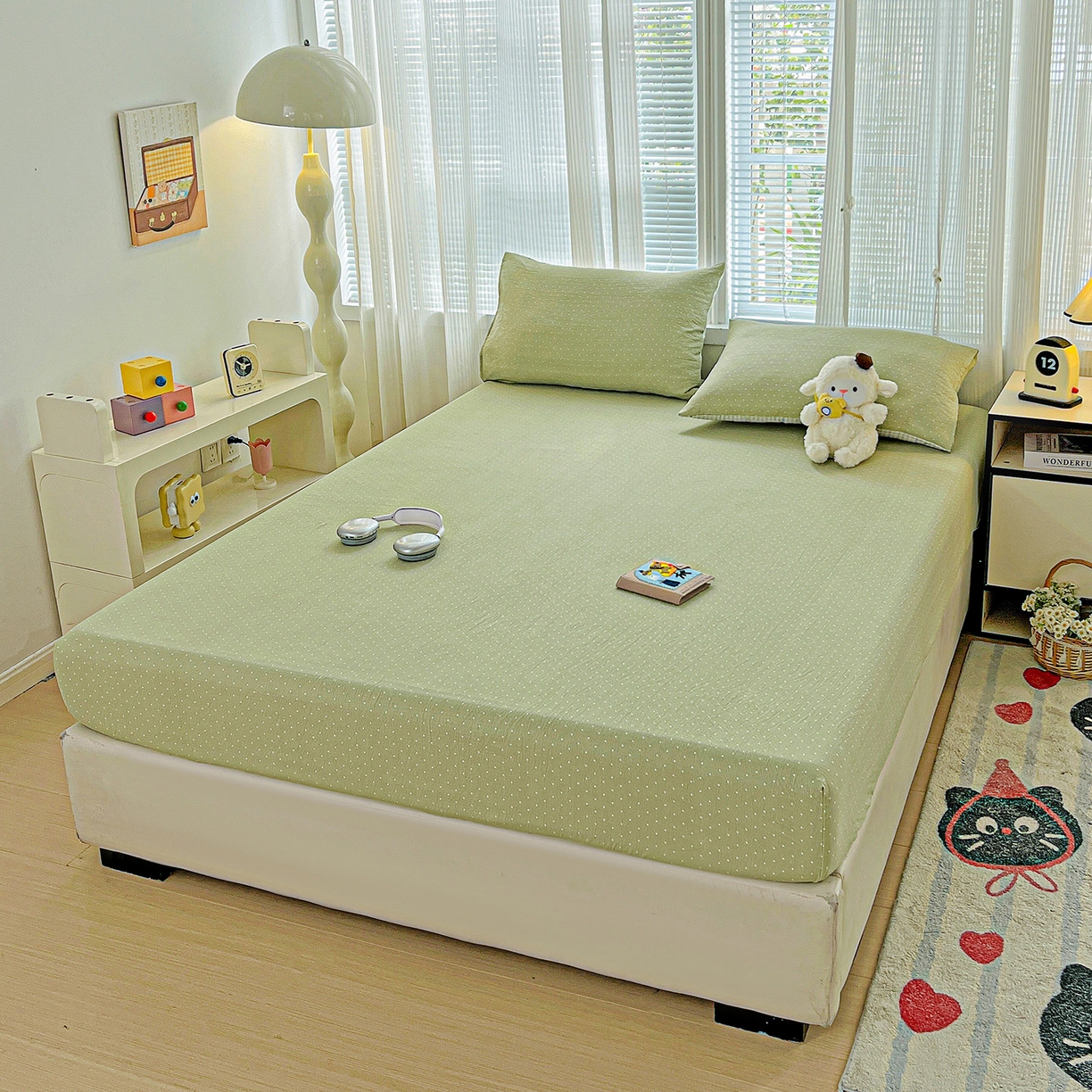 91家纺网 家纺一手货源 找家纺 格真 2025秋冬新款110克高克重提花加厚皱皱纱双层纱印花单床笠 波点-抹茶绿