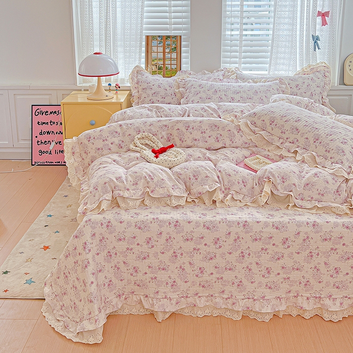 91家纺网 家纺一手货源 找家纺 梦莱斯 2025新款田园碎花纯棉花边四件套-床盖款 秘境花园