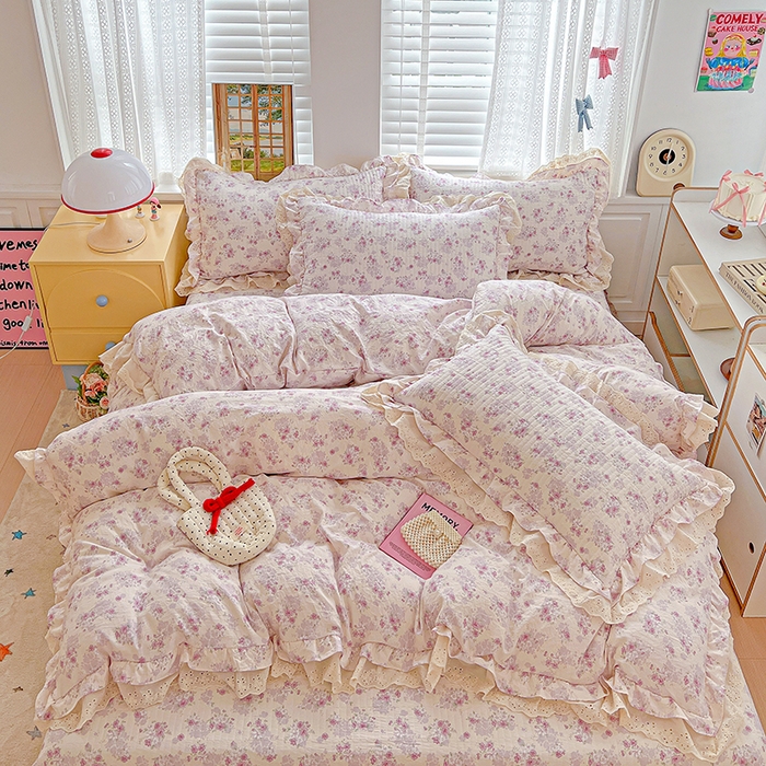 91家纺网 家纺一手货源 找家纺 梦莱斯 2025新款田园碎花纯棉花边四件套-床盖款 秘境花园