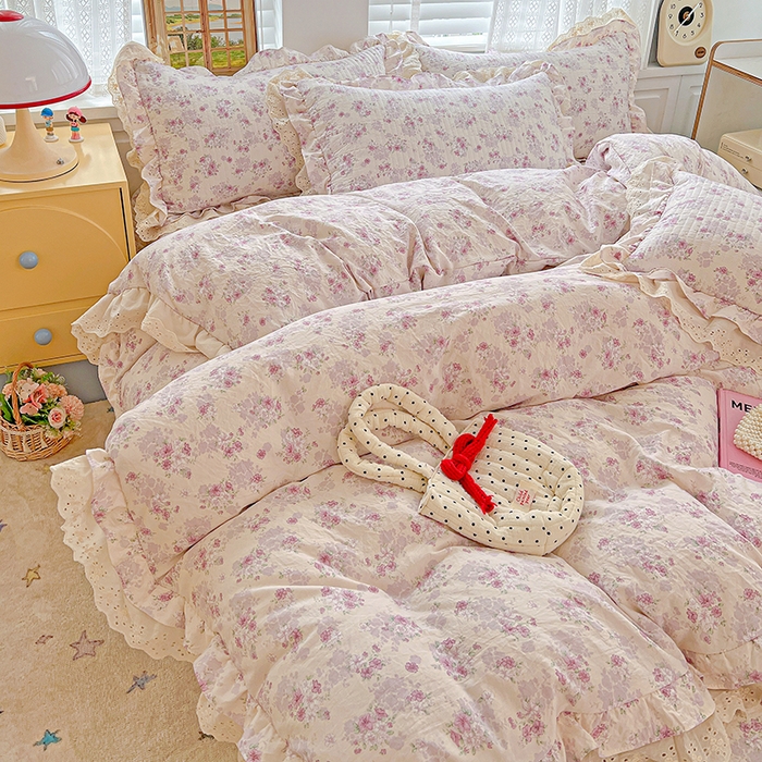 91家纺网 家纺一手货源 找家纺 梦莱斯 2025新款田园碎花纯棉花边四件套-床盖款 秘境花园