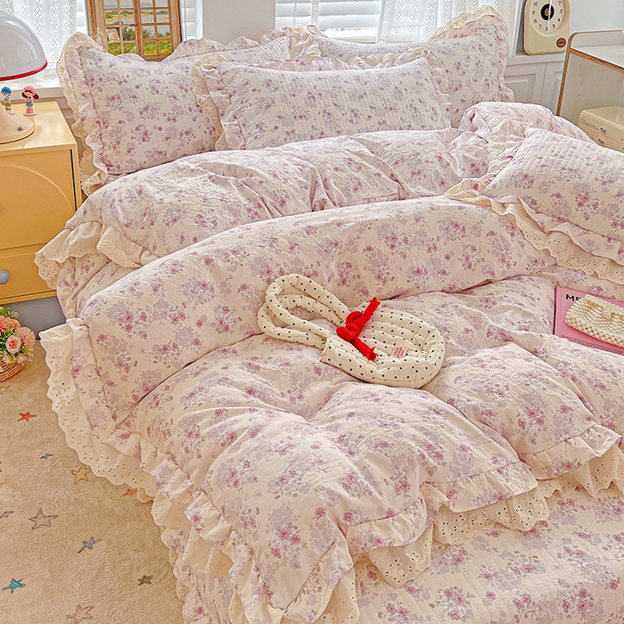 91家纺网 家纺一手货源 找家纺 梦莱斯 2025新款田园碎花纯棉花边四件套-床盖款 秘境花园