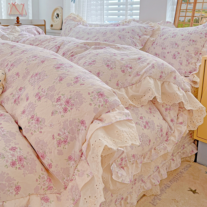 91家纺网 家纺一手货源 找家纺 梦莱斯 2025新款田园碎花纯棉花边四件套-床盖款 秘境花园