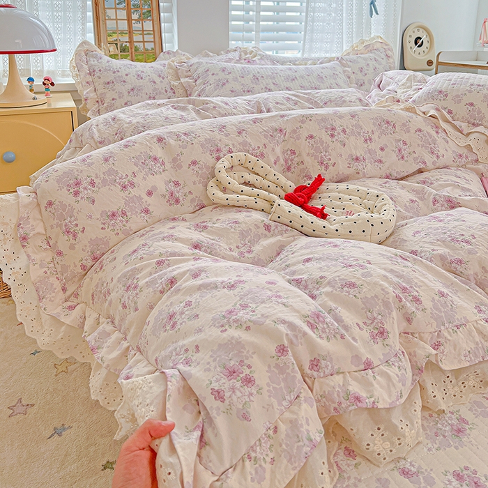 梦莱斯 2025新款田园碎花纯棉花边四件套-床盖款 秘境花园