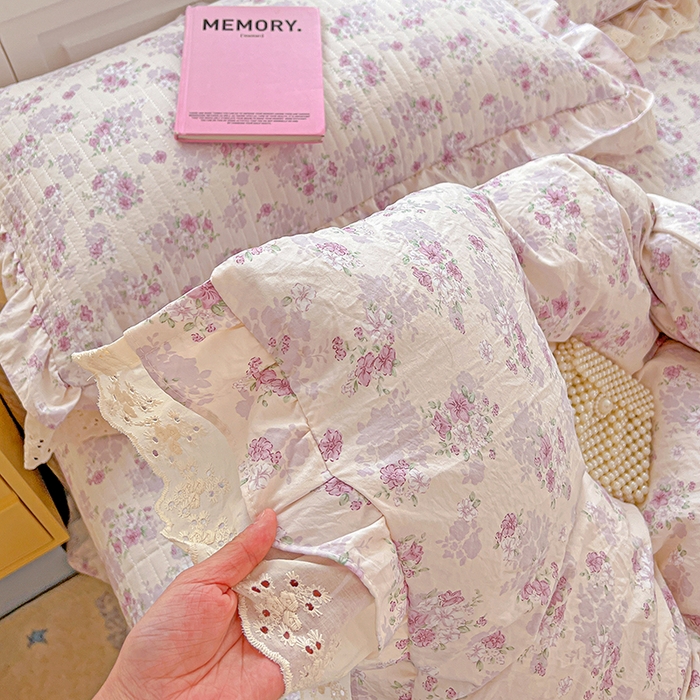 91家纺网 家纺一手货源 找家纺 梦莱斯 2025新款田园碎花纯棉花边四件套-床盖款 秘境花园