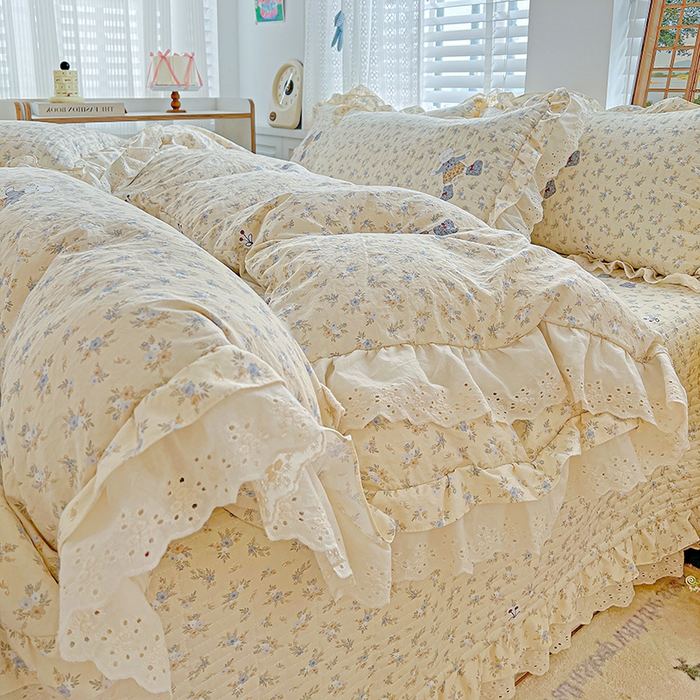 91家纺网 家纺一手货源 找家纺 梦莱斯 2025新款田园碎花纯棉花边四件套-床盖款 绿叶仙踪