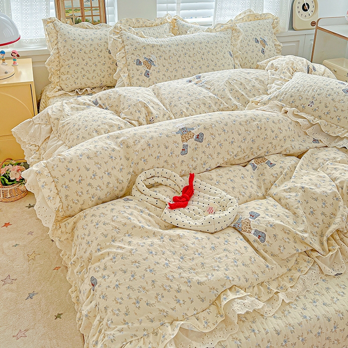 91家纺网 家纺一手货源 找家纺 梦莱斯 2025新款田园碎花纯棉花边四件套-床盖款 绿叶仙踪