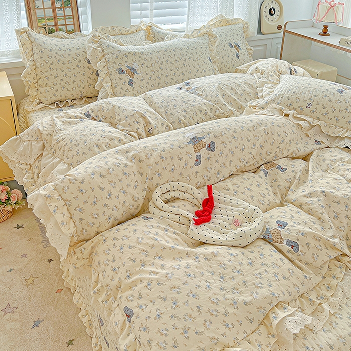 91家纺网 家纺一手货源 找家纺 梦莱斯 2025新款田园碎花纯棉花边四件套-床盖款 绿叶仙踪