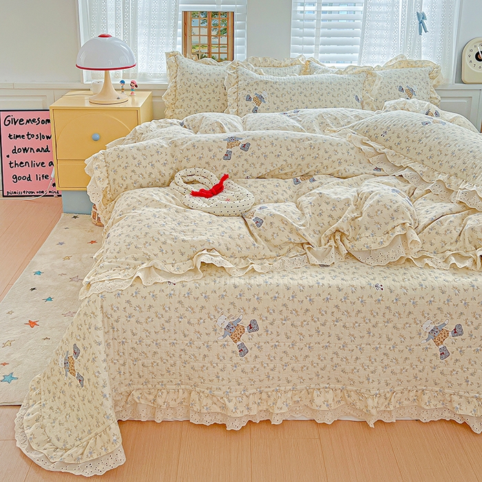 91家纺网 家纺一手货源 找家纺 梦莱斯 2025新款田园碎花纯棉花边四件套-床盖款 绿叶仙踪