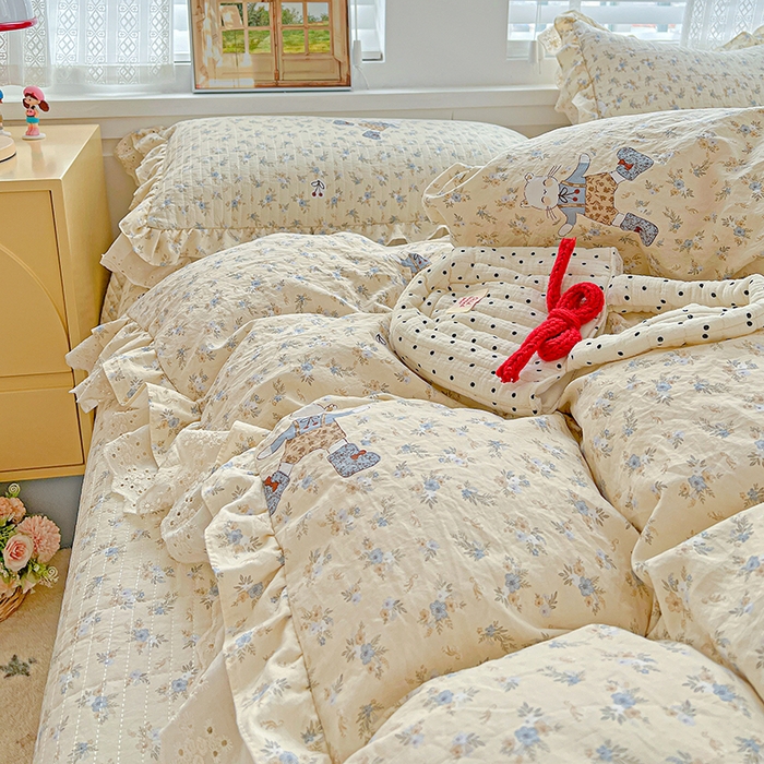 91家纺网 家纺一手货源 找家纺 梦莱斯 2025新款田园碎花纯棉花边四件套-床盖款 绿叶仙踪