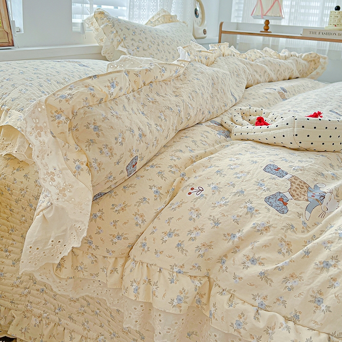 91家纺网 家纺一手货源 找家纺 梦莱斯 2025新款田园碎花纯棉花边四件套-床盖款 绿叶仙踪