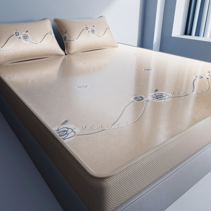 91家纺网 家纺一手货源 找家纺 小叮当家纺仓储工厂店 2025新款凉感三明治冰丝席凉席-芳华系列-床笠款-版本二 芳华床笠-花朵（咖）