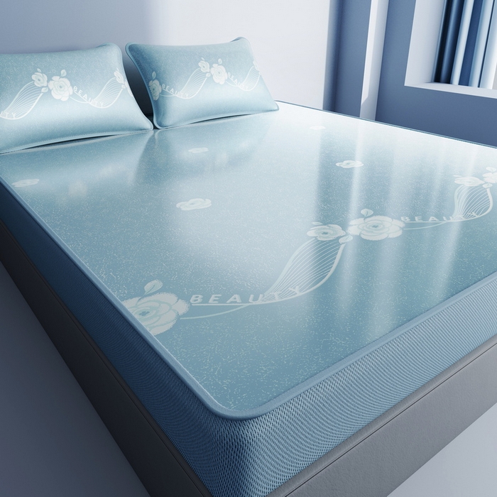 91家纺网 家纺一手货源 找家纺 小叮当家纺仓储工厂店 2025新款凉感三明治冰丝席凉席-芳华系列-床笠款-版本二 芳华床笠-花朵（蓝）