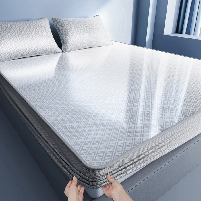 91家纺网 家纺一手货源 找家纺 小叮当家纺仓储工厂店 2025新款凉感三明治冰丝席凉席-芳华系列-床笠款-版本二 芳华床笠-回字纹