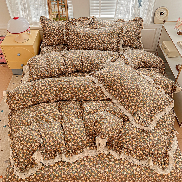 91家纺网 家纺一手货源 找家纺 梦莱斯 2025新款田园碎花纯棉花边四件套-床盖款 糜花似锦