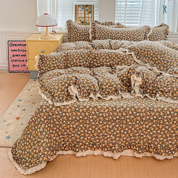 91家纺网 家纺一手货源 找家纺 梦莱斯 2025新款田园碎花纯棉花边四件套-床盖款 糜花似锦