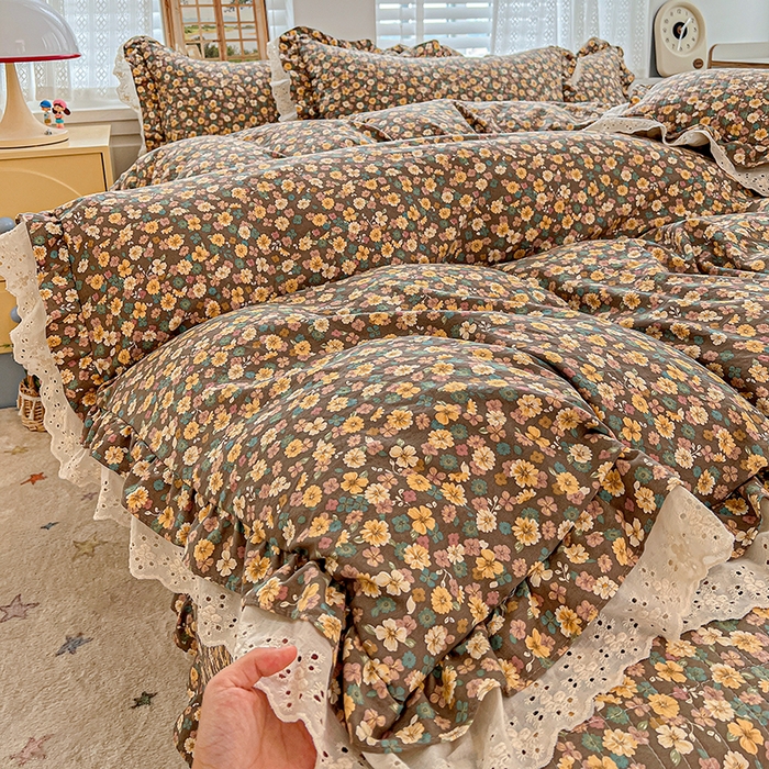 梦莱斯 2025新款田园碎花纯棉花边四件套-床盖款 糜花似锦