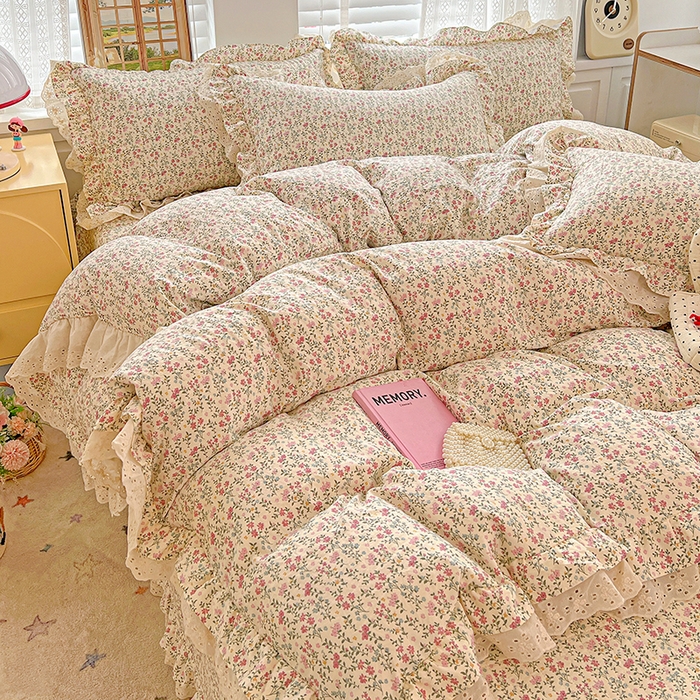91家纺网 家纺一手货源 找家纺 梦莱斯 2025新款田园碎花纯棉花边四件套-床盖款 糜花熙悦