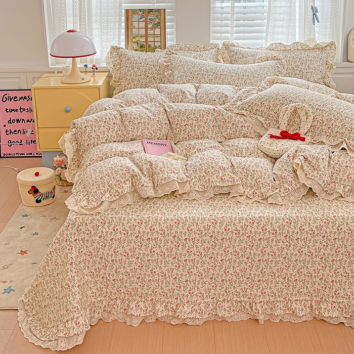 91家纺网 家纺一手货源 找家纺 梦莱斯 2025新款田园碎花纯棉花边四件套-床盖款 糜花熙悦