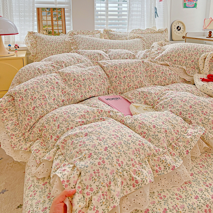 梦莱斯 2025新款田园碎花纯棉花边四件套-床盖款 糜花熙悦