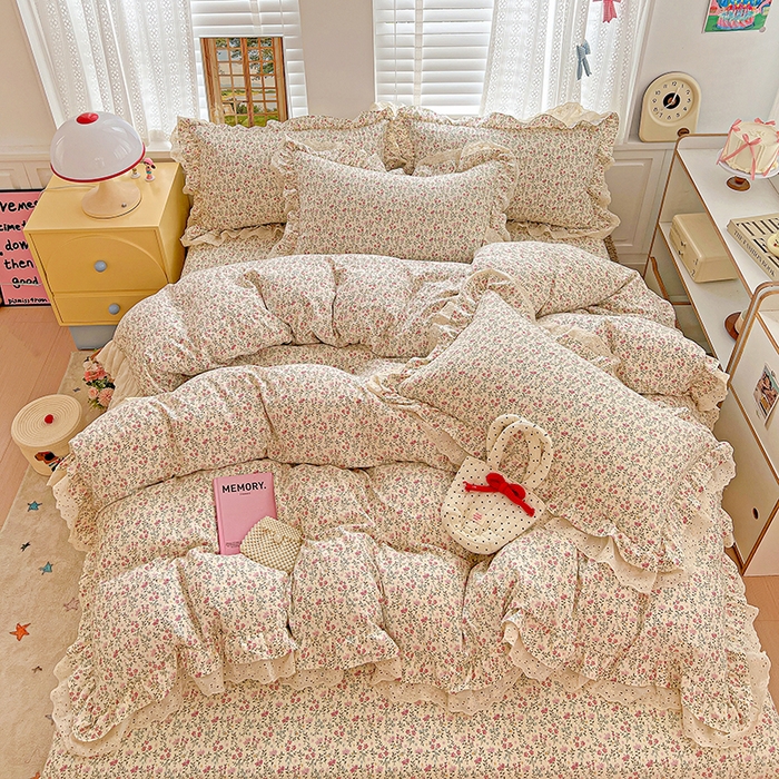 91家纺网 家纺一手货源 找家纺 梦莱斯 2025新款田园碎花纯棉花边四件套-床盖款 糜花熙悦