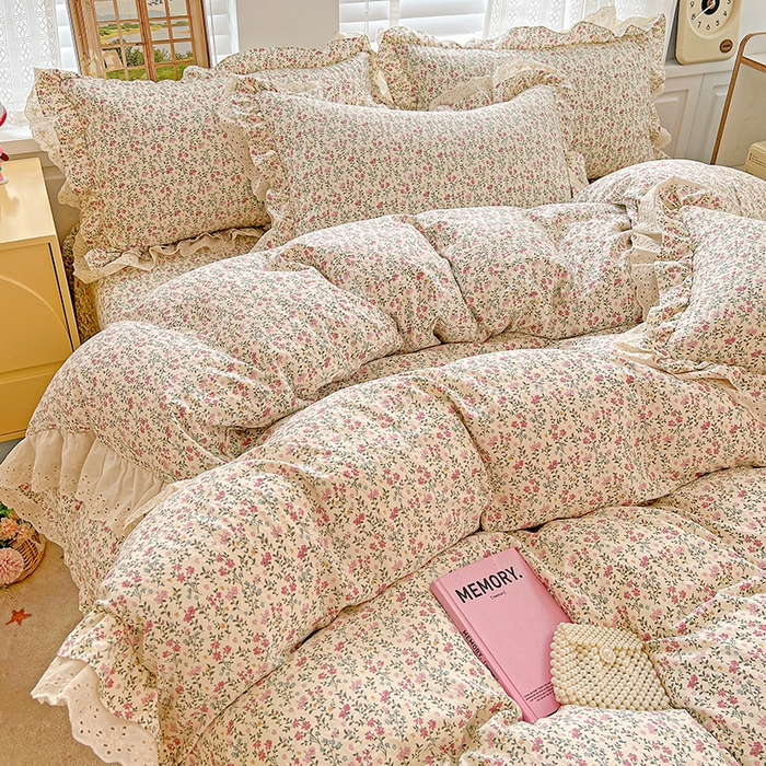 91家纺网 家纺一手货源 找家纺 梦莱斯 2025新款田园碎花纯棉花边四件套-床盖款 糜花熙悦