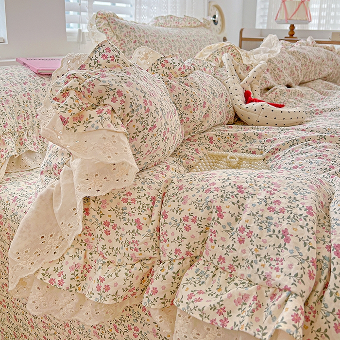91家纺网 家纺一手货源 找家纺 梦莱斯 2025新款田园碎花纯棉花边四件套-床盖款 糜花熙悦