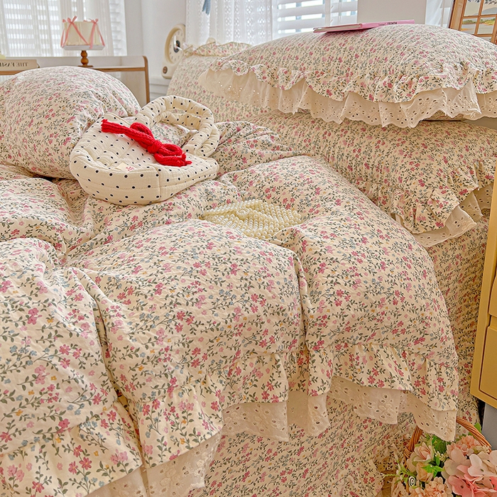 91家纺网 家纺一手货源 找家纺 梦莱斯 2025新款田园碎花纯棉花边四件套-床盖款 糜花熙悦