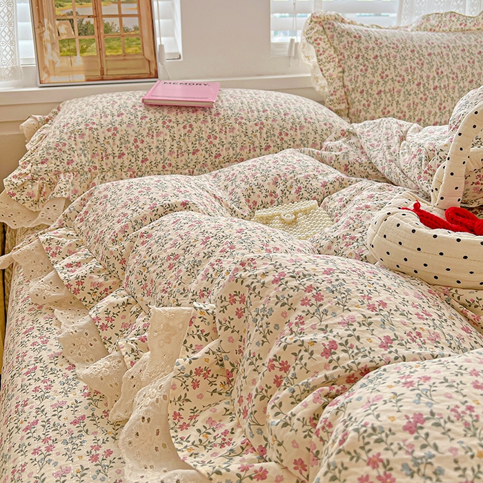 91家纺网 家纺一手货源 找家纺 梦莱斯 2025新款田园碎花纯棉花边四件套-床盖款 糜花熙悦