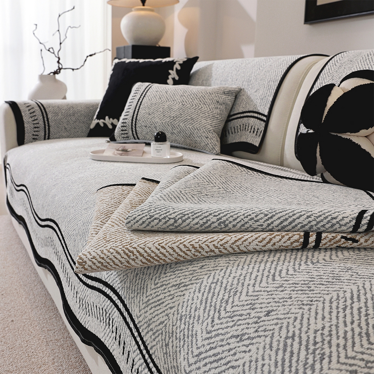 91家纺网 家纺一手货源 找家纺 （总）共鸣沙发垫 2025新款雪尼尔异形波浪沙发垫