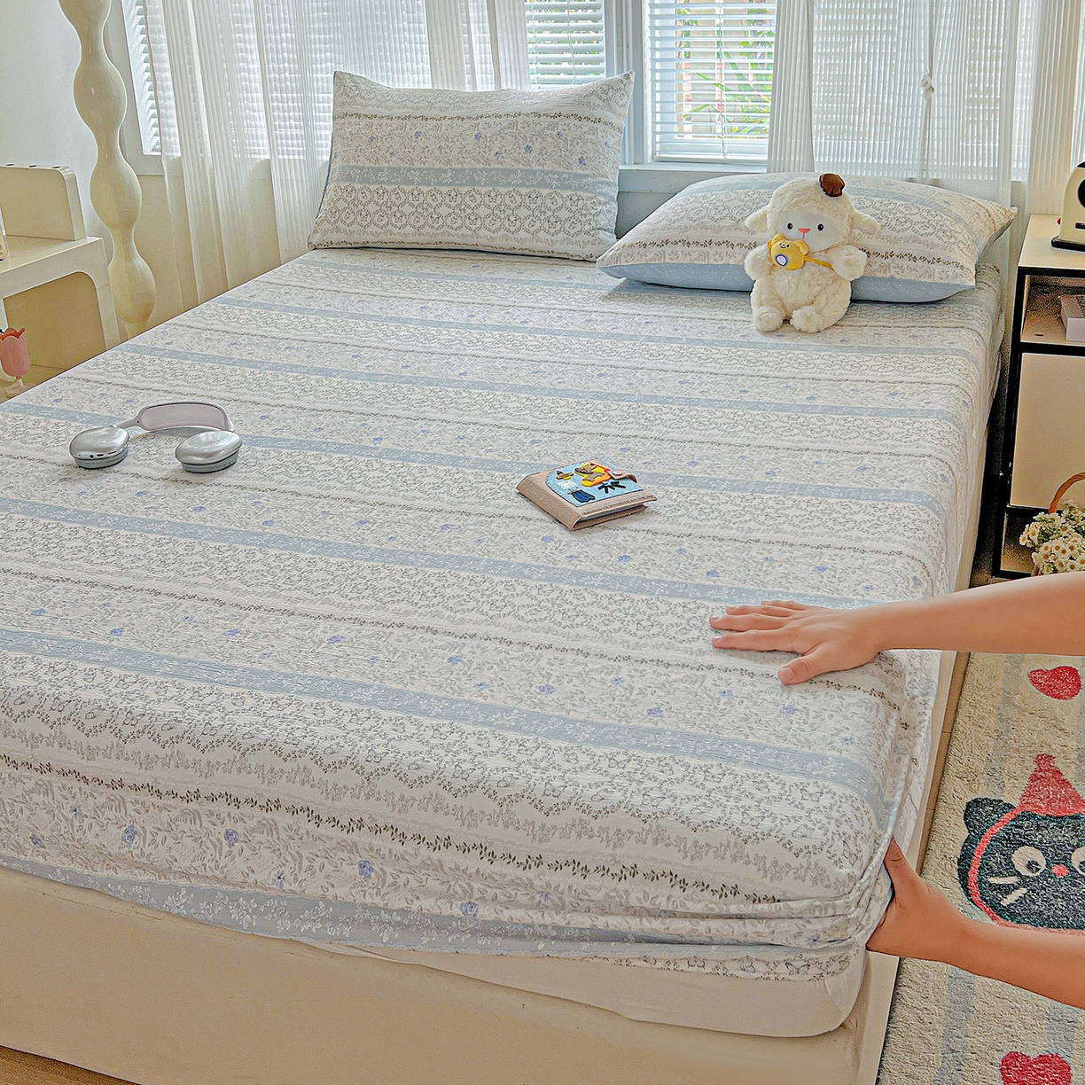 91家纺网 家纺一手货源 找家纺 格真 2025秋冬新款110克高克重提花加厚皱皱纱双层纱印花单床笠 蝴蝶印记