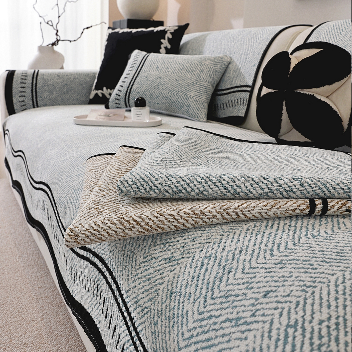 91家纺网 家纺一手货源 找家纺 共鸣沙发垫 2025新款雪尼尔异形波浪沙发垫 雪尼尔异形波浪蓝色