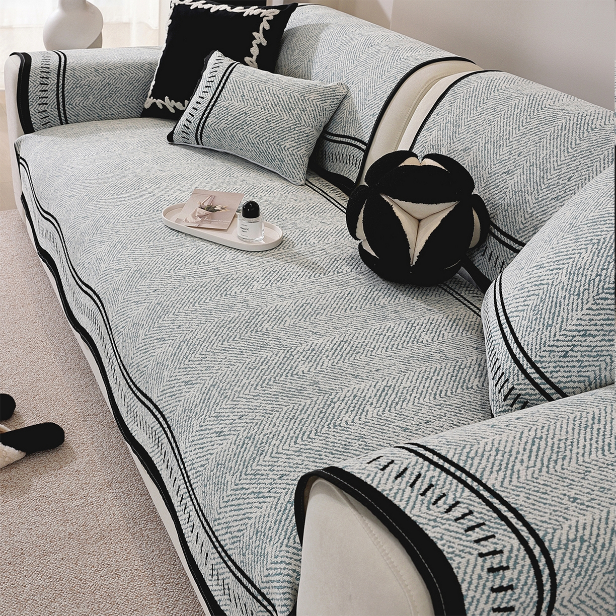 91家纺网 家纺一手货源 找家纺 共鸣沙发垫 2025新款雪尼尔异形波浪沙发垫 雪尼尔异形波浪蓝色