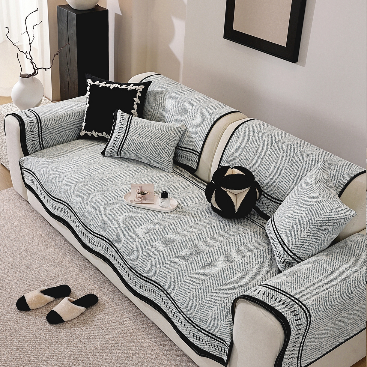 91家纺网 家纺一手货源 找家纺 共鸣沙发垫 2025新款雪尼尔异形波浪沙发垫 雪尼尔异形波浪蓝色