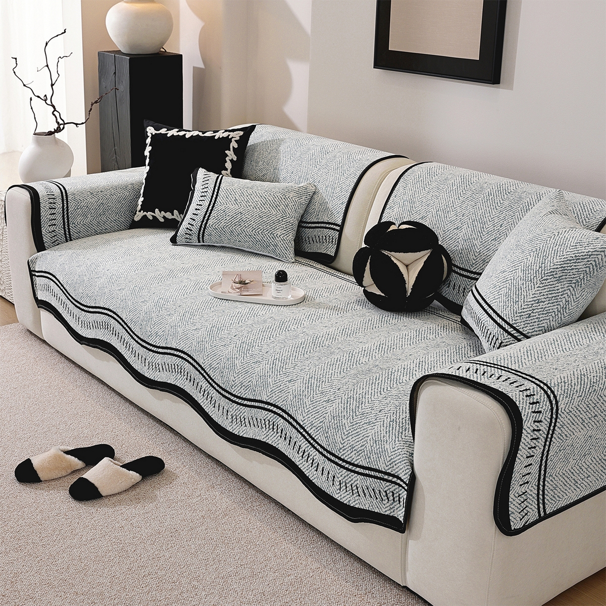 91家纺网 家纺一手货源 找家纺 共鸣沙发垫 2025新款雪尼尔异形波浪沙发垫 雪尼尔异形波浪蓝色