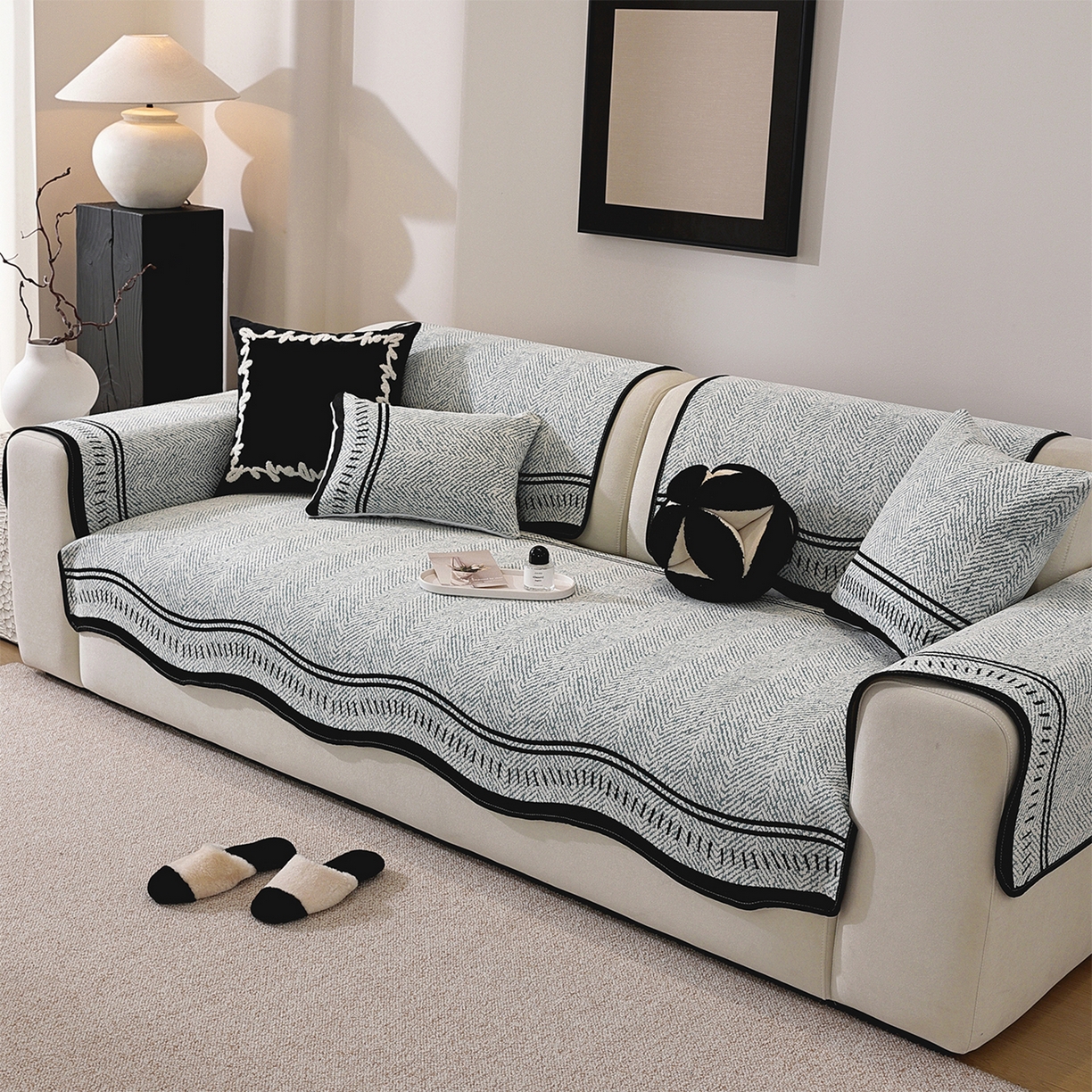 91家纺网 家纺一手货源 找家纺 共鸣沙发垫 2025新款雪尼尔异形波浪沙发垫 雪尼尔异形波浪蓝色