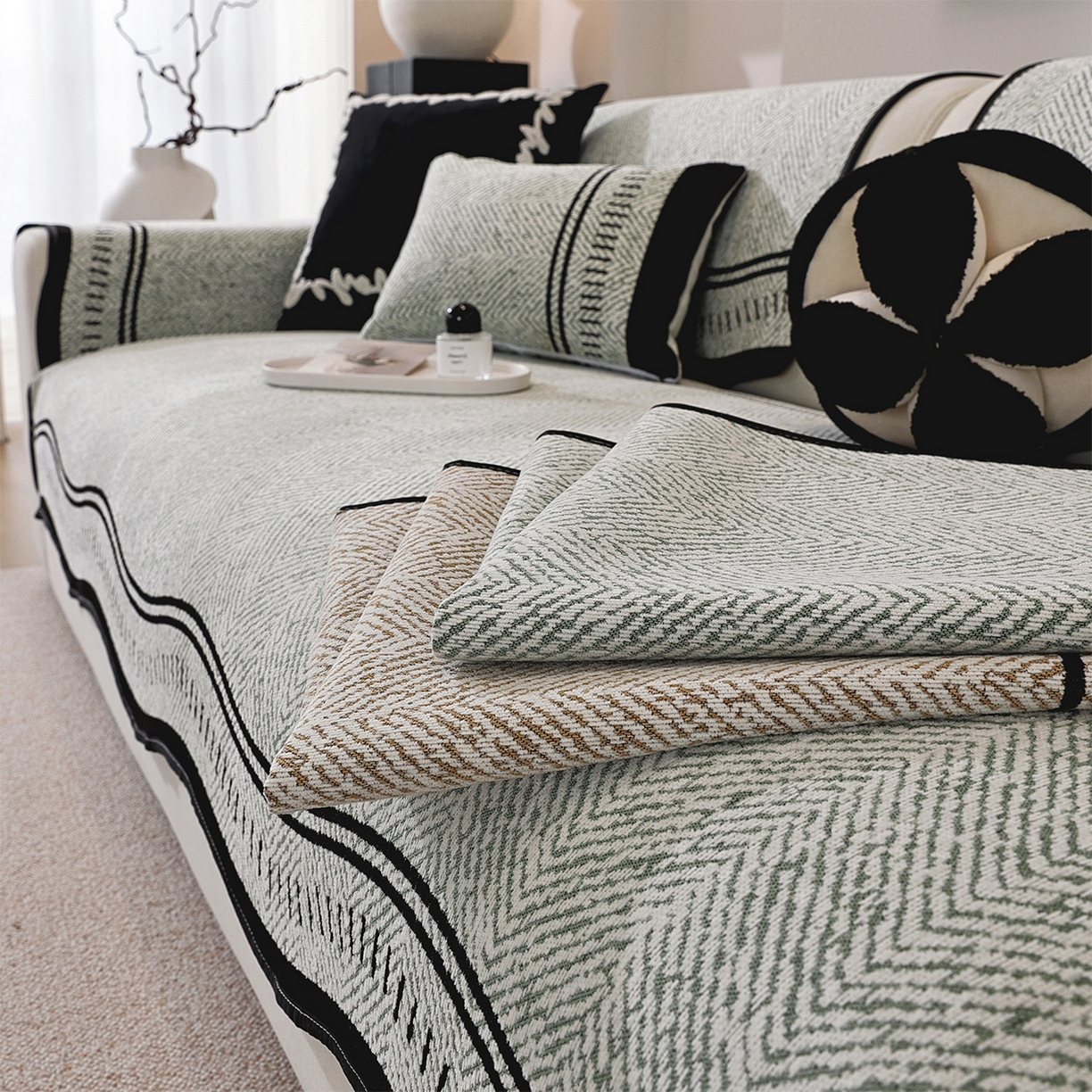 91家纺网 家纺一手货源 找家纺 共鸣沙发垫 2025新款雪尼尔异形波浪沙发垫 雪尼尔异形波浪绿色