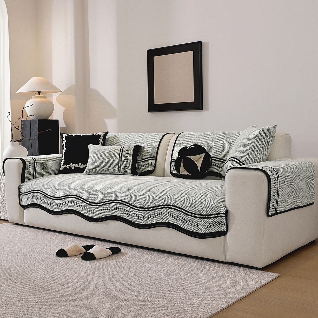 91家纺网 家纺一手货源 找家纺 共鸣沙发垫 2025新款雪尼尔异形波浪沙发垫 雪尼尔异形波浪绿色