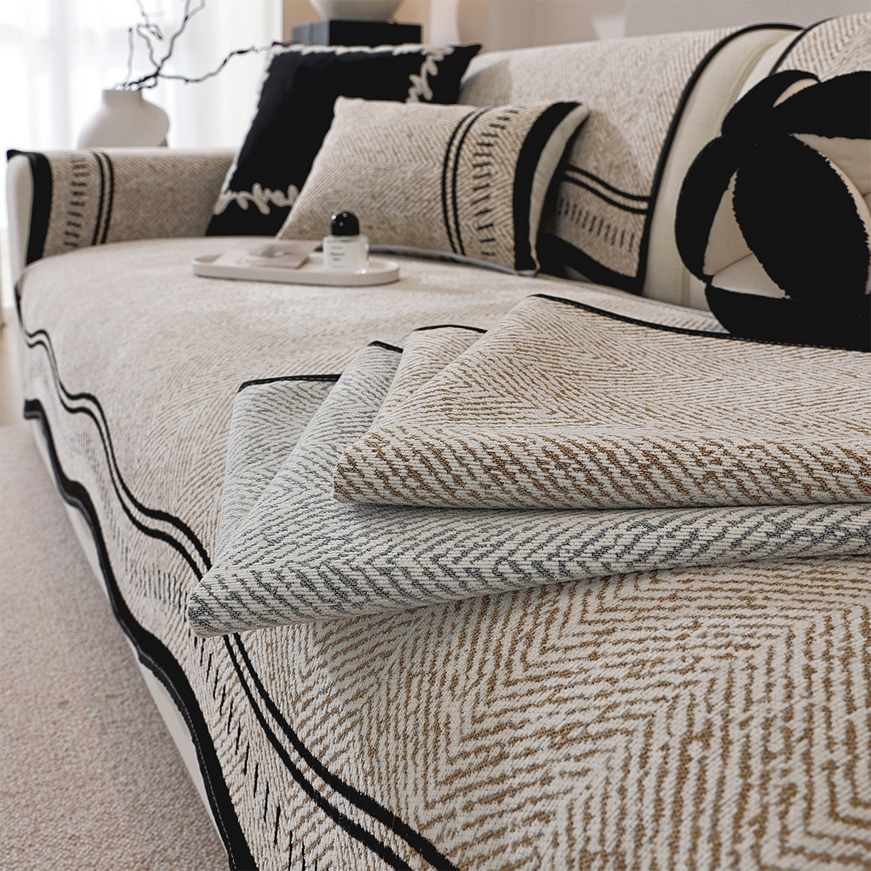 91家纺网 家纺一手货源 找家纺 共鸣沙发垫 2025新款雪尼尔异形波浪沙发垫 雪尼尔异形波浪咖色