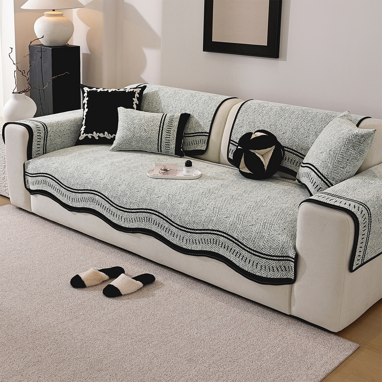 91家纺网 家纺一手货源 找家纺 共鸣沙发垫 2025新款雪尼尔异形波浪沙发垫 雪尼尔异形波浪绿色