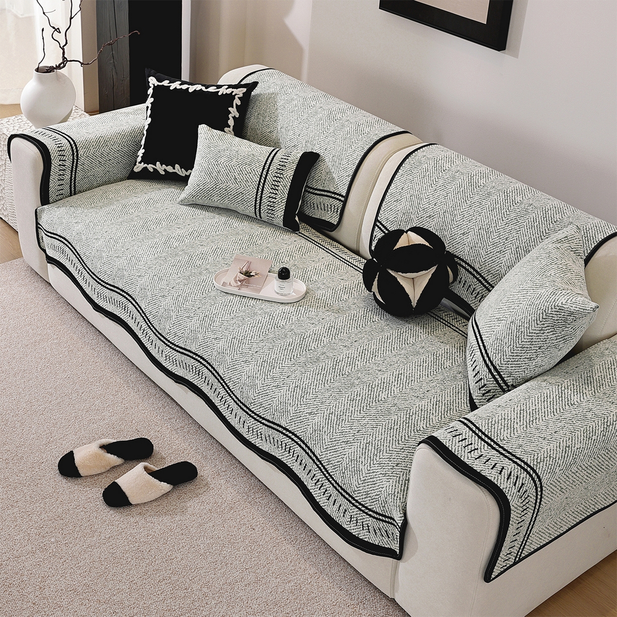 91家纺网 家纺一手货源 找家纺 共鸣沙发垫 2025新款雪尼尔异形波浪沙发垫 雪尼尔异形波浪绿色