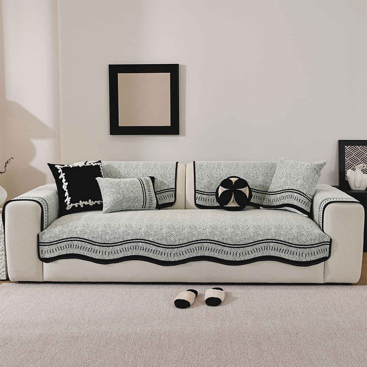 91家纺网 家纺一手货源 找家纺 共鸣沙发垫 2025新款雪尼尔异形波浪沙发垫 雪尼尔异形波浪绿色