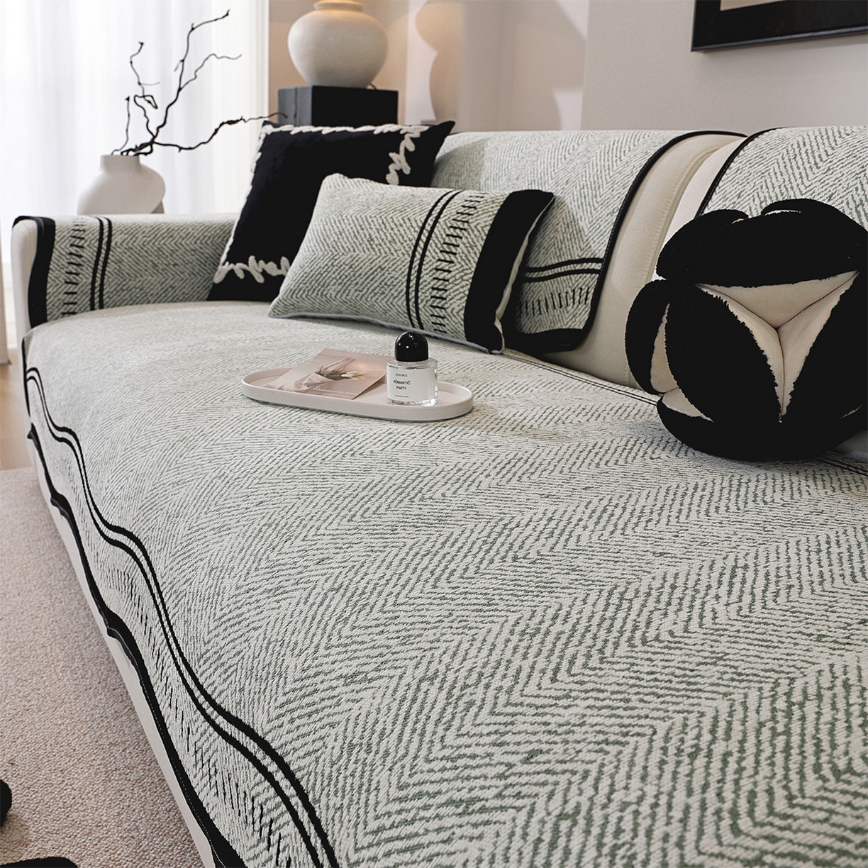 91家纺网 家纺一手货源 找家纺 共鸣沙发垫 2025新款雪尼尔异形波浪沙发垫 雪尼尔异形波浪绿色